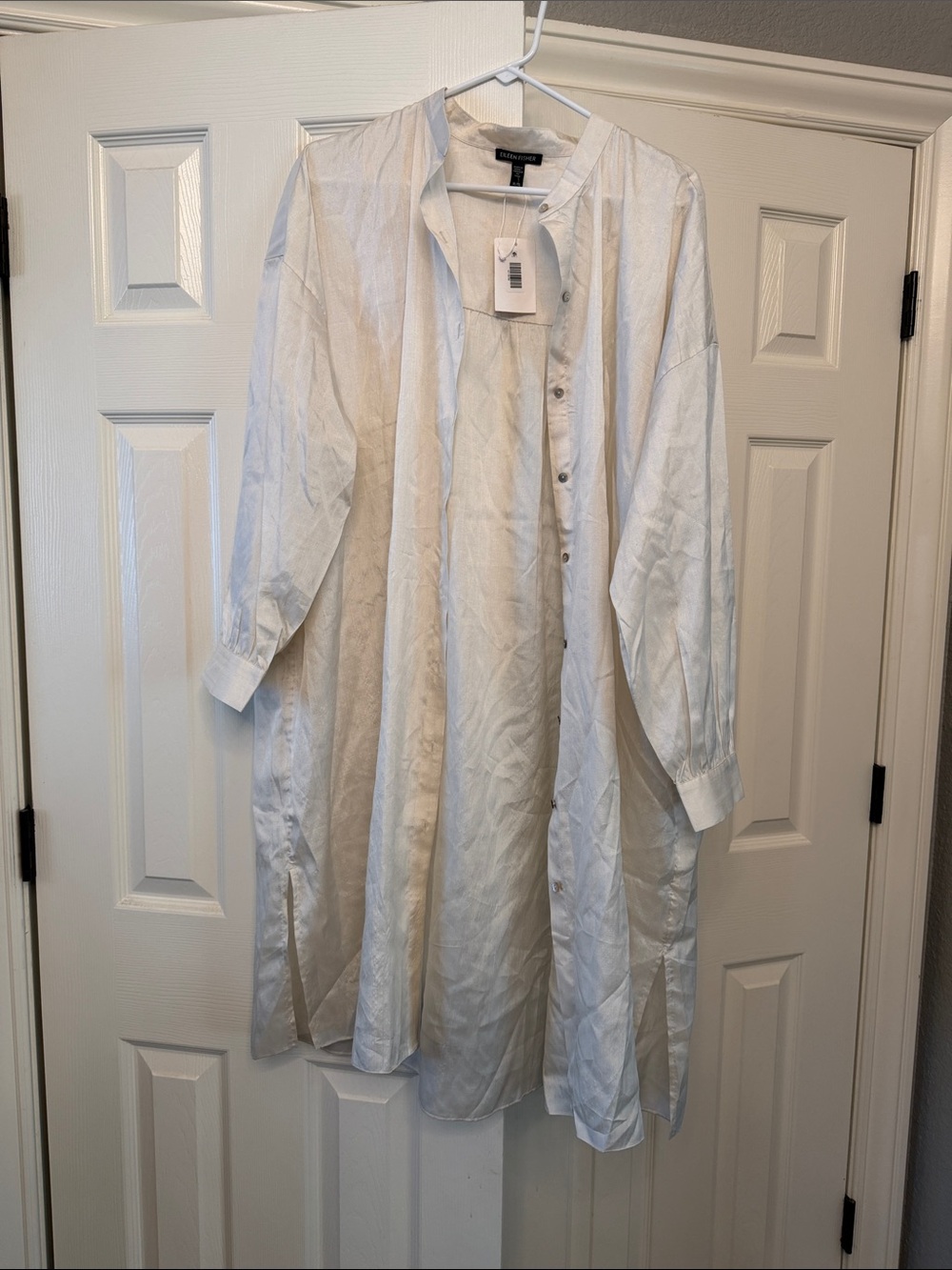 NWT Eileen Fisher White Long Button-Front Tunic 100% silk